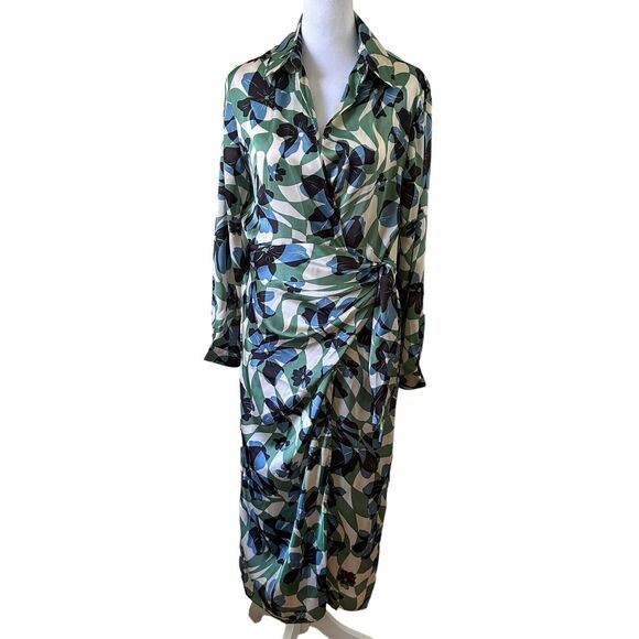 Dress Forum Long Sleeves V-neck Wrap Midi Dress Multicolor Green Size M NWT - Picture 1 of 8